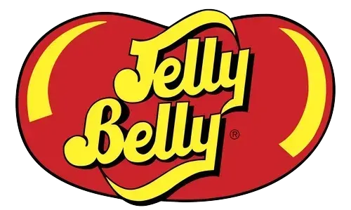 Jelly Belly ® candy logo, stylized text on a yellow and red background